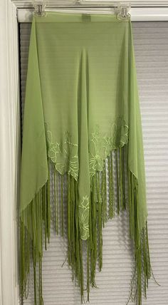 Cajon Beachwear Shawl Scarf Beach Cover With Fringe Kiwi Green NWOT. This item will be shipped USPS mail. I ship same day whenever possible. This is a beautiful kiwi green shawl scarf coverup by Cajon Beachwear with fringe. One size. This scarf measures approximately 66 inches long. From the top to the bottom of the V is approximately 28 inches” with 8” Fringe trim. The fringe is very nicely done. This is really a beautiful piece. Embellished with floral motif. Looks great as a cover up with a d Wrap Scarf Top, Veil Scarf, Scarf Coverup, Green Shawl, Future Shop, Fringe Shawl, Sheer Scarf, Green Scarf, Scarf Top