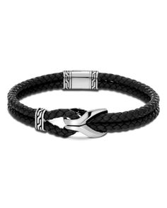 John Hardy Sterling Silver Classic Chain Cord Bracelet with Black Leather Formal Leather Bracelet With Stainless Steel Clasp, Modern Black Leather Bracelet With Sterling Silver, Silver Leather Bracelets For Formal Occasions, Formal Silver Leather Bracelets, Modern Black Leather Bracelet, Black Leather Jewelry With Palladium Hardware, Black Leather Bracelets With Sterling Silver Clasp, Classic Leather Bracelets With Sterling Silver Clasp, Classic Leather Jewelry With Stainless Steel Clasp