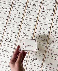 handwritten name tags are being held up to show the names for each individual item