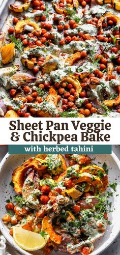 sheet pan veggie and chickpea bake with roasted tamini on top