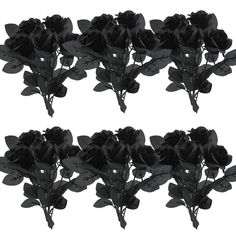 two black roses are shown in three different positions, each with leaves and buds on the stems