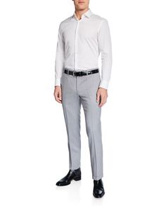 BOSS Hugo Boss "Genesis" solid trousers. Quarter top pockets; back button-welt pockets. Flat front. Tapered legs; slim fit. Unfinished hem to be tailored to desired length. Virgin wool. Imported. Hugo Boss Suit, Boss Man, Boss Hugo Boss, Wool Trousers, Tailored Suits, Modern Man, Casual Wardrobe, Tapered Legs, Hugo Boss