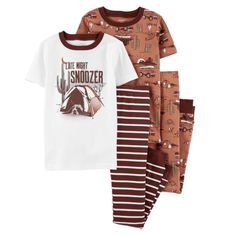 Carter’s Boys Desert Camping Dog Stripe Shirt And Pants Pajamas Four Piece Set White Short Sleeve Top Featuring A Dog Snoozing In His Tent In The Desert Among The Cacti And The Moon Looking On In Dark Brown, White, Gray, And Green, With White And Dark Brown Striped Pants And Dark Brown Trim, Matching Reddish Brown Short Sleeve Top And Pants Featuring All Over Print Of Cacti, Turtles, Tents With Campfires, Hyenas, Birds, And A Keep Carrying A Kayak Against The Rocks And Sun In Dark Brown, Green, Camping Pajamas, Cotton Pjs, Carter Kids, Pajama Outfits, White Short Sleeve Tops, Cotton Pajamas, Free Jeans, Boys Pajamas, Print Pajamas