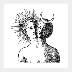 an ink drawing of two women with horns on their heads and the sun behind them