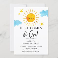 a birthday party card with the words here comes the one