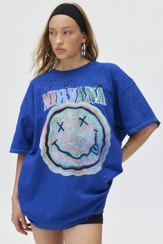 Shop Nirvana Distressed T-Shirt Dress at Urban Outfitters today. Discover more selections just like this online or in-store. Shop your favorite brands and sign up for UO Rewards to receive 10% off your next purchase! Distressed T Shirt Dress, Distressed T Shirt, Fitted Tunic, Graphic Tees Vintage, Blue Fits, Cute Simple Outfits, Tunic Length, Nirvana, And Sign