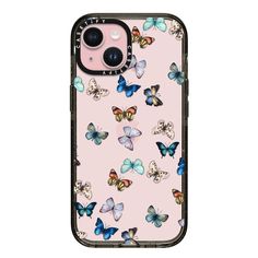 a pink phone case with blue butterflies on the front and back cover for an iphone 11