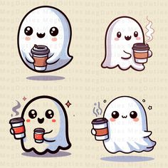 four ghost stickers with coffee cups in their hands