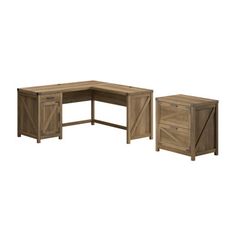 three pieces of furniture including a desk and two end tables with doors on each side