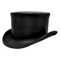 Discover unparalleled style with our El Dorado Top Hat, a true masterpiece from Voodoo Hatter. Crafted from genuine cowhide leather, this hat embodies luxury and craftsmanship. The Unbanded design and perfect fit from Size 6 to Size 8 make it a versatile choice for those who appreciate quality and style. This top hat isn't just an accessory; it's a statement. Whether you're a fan of steampunk fashion, a biker seeking the perfect hat, or simply a man looking for a classic and stylish headwear opt Leather Top Hat With Curved Brim For Rodeo, Adjustable Leather Top Hat With Curved Brim, Leather Hat With Curved Brim For Riding, Leather Riding Hat With Curved Brim, Western Black Leather Top Hat, Leather Curved Brim Riding Hat, Black Leather Western Top Hat, Black Leather Hat With High Crown, Classic Black Leather Hat Bands