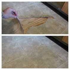 two pictures showing how to lay tile on the floor