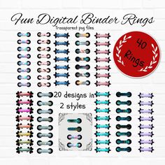 a bunch of different kinds of rings on a white brick wall with the words fun digital binder rings