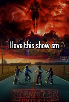 three kids riding bikes down the road with text that reads i love this show sm