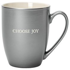 a gray coffee cup with the words choose joy on it's side and white lettering