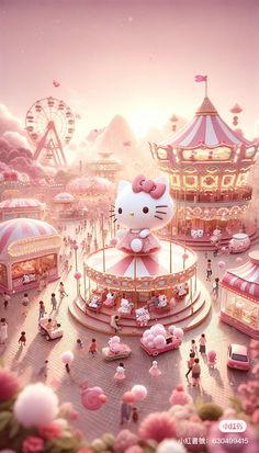 the hello kitty carousel is surrounded by pink flowers