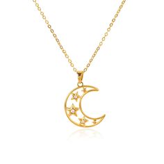 PRICES MAY VARY. MYSTERY AND ROMANCE: The gold-plated moon pendant necklace is inspired by the moon with stars set inside, giving it a mysterious and romantic appearance. This necklace combines the moon and stars to create a sense of cosmic wonder, suitable for expressing the pursuit of romance and mystery. UNIQUE DESIGN: The hollowed out design inside the moon adds a unique layered look, while the star embellishment enlivens the whole pendant. This unique design makes the necklace stand out fro Gold-plated Crescent Charm Necklaces, Gold Plated Crescent Charm Necklaces, Gold Crescent Clavicle Chain Charm Necklace, Gold Crescent Charm Necklace With Clavicle Chain, Gold Moon Phase Necklace For Wedding, Gold Crescent Clavicle Chain Necklace, Gold Plated Crescent Charm Necklace, Gold-plated Crescent Charm Necklace, Gold Moon Phase Necklace For Anniversary