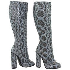 Cut Slim to Showcase Your Legs, the Season's Must-Have Boots Breathe Retro-Tinged Sophistication with Precious Candy-Colored Python and a Chic Stacked Heel. New GUCCI PYTHON Knee Height Boots Italian Size 36.5 – US 7 Designer Color - AQUAMARINE 100% Real Anaconda Horsebit Detail with Loafer Effect Squared Toe Hidden Platform Zipper Closure Chunky Heel – 4.75 inches Made in Italy Retail $3.500.00 New with Box and Dust Bag Gucci Campaign, Gucci Snake, Grey Knee High Boots, Grey Loafers, Pink Nike Shoes, Stacked Heel Boots, Snake Print Boots, Gucci Boots, Girl Boots