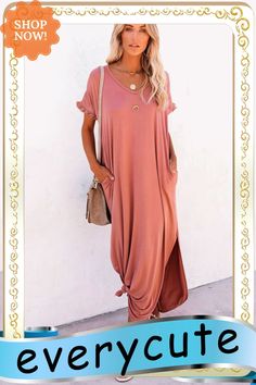 Pink Loose Fit Cotton Blend V Neck Maxi Dress with Slits Casual Dresses With Side Slits And Split Hem, Solid Color Spring Dress With Split Hem, Casual Spring Midi Dress With Split Design, Casual Midi Dress With Split Design For Spring, Spring Midi Dress With Split Design And Split Hem, Casual Split Midi Dress, Spring Dresses With Split Design, Spring Casual Maxi Dress With Split Design, Casual Spring Maxi Dress With Split Design