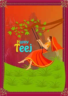 a woman swinging on a swing with the words happy teepeei written above her