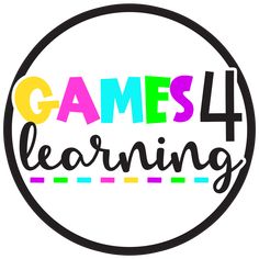 the words games 4 learning are written in black and rainbow colors on a white background