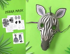 a zebra mask is shown on a green background with cut out pictures and palm leaves