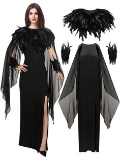 a woman wearing a black dress with feathers on it