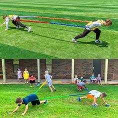 kids playing tug ropes in the grass with adults watching