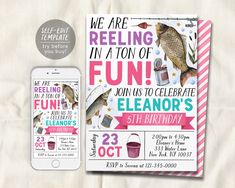 a birthday party flyer with a phone and fish on the cover, next to it's card