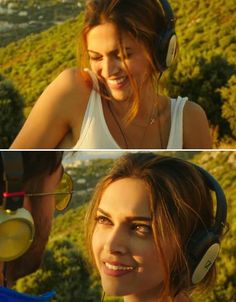 two pictures of a woman with headphones on, and another photo of a man wearing headphones