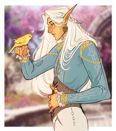 a woman with long white hair holding a yellow bird