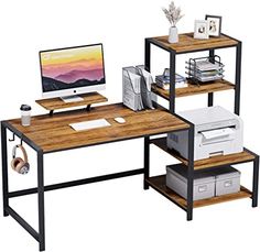 a computer desk with two shelves on each side and a printer on the other side