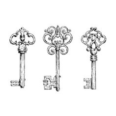 four antique keys are lined up in the shape of an ornate key, vintage line drawing or engraving