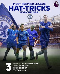 an advertisement for the chelsea football club featuring three players in blue uniforms and one is running with his arms crossed