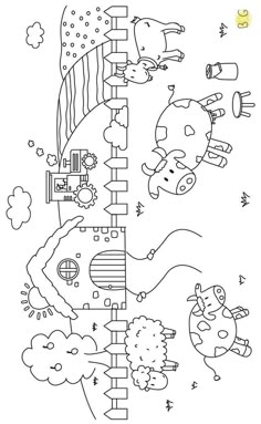 an image of a coloring page with animals in the sky and trees on it,