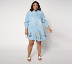 This darling denim dress deserves a top spot in your wardrobe lineup. The cheerful embroidered pattern and flattering A-line silhouette are key details that make this fabulous frock a must-have for spring/summer. Pair it with strappy sandals for an elevated take on casual style. Jean-ius! Spring Embroidered Relaxed Fit Dress, Embroidered Long Sleeve Denim Dress For Spring, Long Sleeve Embroidered Denim Dress For Spring, Spring Light-wash Relaxed Fit Denim Dress, Embroidered Denim Dress For Spring, Spring Embroidered Denim Dress, Spring Day Out Light Blue Dress, Spring Floral Embroidered Medium Wash Denim Dress, Spring Medium Wash Denim Dress With Floral Embroidery