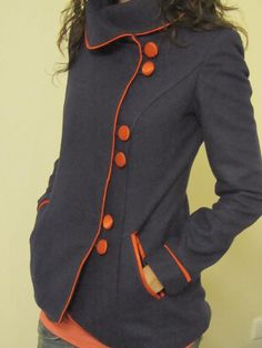 gray coat with orange buttons on the side Outfits Saco, Red Futuristic, Color Uva, Navy Blue Outfit, Fall Fashion Coats, Orange Outfit, Futuristic Fashion, Victoria Secrets, Blue Outfit