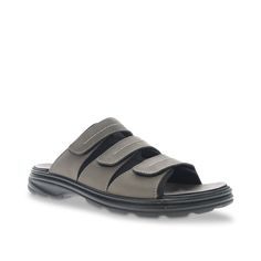 Propet-Hatcher Slide Sandal Diversify your summery wardrobe with the Hatcher slide sandal from Propet. This leather pair sports removable insoles that allow for customizable wear. Casual Gray Slip-on Sport Sandals, Casual Gray Sport Sandals With Cushioned Footbed, Casual Outdoor Slides With Ortholite Insole, Casual Slides With Ortholite Insole For Outdoor, Comfortable Gray Sport Sandals, Functional Open Toe Slides For Summer, Casual Gray Leather Sandals, Gray Leather Slip-on Sandals, Gray Open Toe Sandals For Outdoor