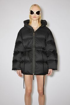 Acne Studios - Hooded puffer coat - Black Sporty Nylon Puffer Parka, Black Down Puffer Jacket With Drawstring Hood, Black Nylon Puffer Jacket With Drawstring Hood, Fall Nylon Puffer Jacket With Drawstring Hood, Black Sporty Puffer Parka, Black Drawstring Winter Outerwear, Black Drawstring Outerwear For Winter, Winter Streetwear Parka With Drawstring, Black Winter Outerwear With Drawstring