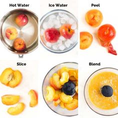 four pictures showing different stages of fruit being made in a blender, including peaches, ice water and peels