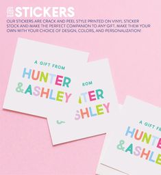 three stickers with the words hunter and bradley on them, one is for sale