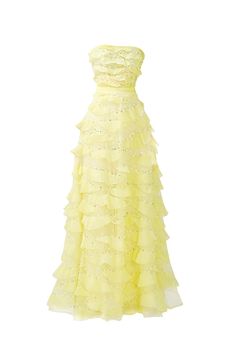 This dress is the perfect choice for a formal event. The dress features an elegant strapless design and is made of high-quality organza fabric. Its floor length adds a touch of sophistication to any occasion. Make a statement with this beautiful dress. *Product length is measured from the shoulder to the hem. Knitwear Outfit, Yellow Maxi Dress, Happy Clothes, Mean Blvd, Yellow Maxi, Floor Length Dress, Organza Fabric, Dresses By Length, Floor Length Dresses