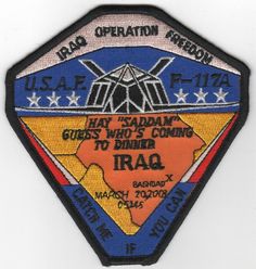 a patch with the name and map of iraq in blue, yellow and red colors