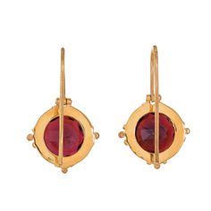 Garnet Vermeil 14K Gold Over Sterling Silver Earring 925 Silver = 4.40 gm. Garnet = 8.10 ct. Garnet is the birthstone for January and is a symbol of friendship. The beautiful earring measures to be 1 inches long including the wire and 0.65 inches wide at its maximum points. The earrings have been made by a team of highly trained and skilled artisans. What is Vermeil 14K Gold? It is a thick layer of 14K Gold plating on 925 Sterling Silver. If for any reason you are not completely satisfied, you m Classic Ruby Birthstone Earrings, Classic Gold Ruby Earrings, Yellow Gold Plated Birthstone Earrings, Gold Plated Yellow Gold Earrings With Birthstone, 14k Gold Birthstone Earrings For Formal Events, 14k Gold Bezel Set Drop Earrings, Yellow Gold Sterling Silver Earrings With Bezel Setting, Yellow Gold Sterling Silver Earrings With Round Stone, Gold Sterling Silver Earrings With Birthstone