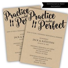 two wedding program cards with the words practice makes it perfect on them and black ink