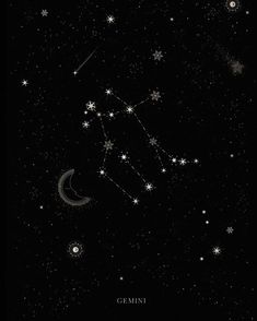 the zodiac sign in the night sky with stars and crescents on it, as well as