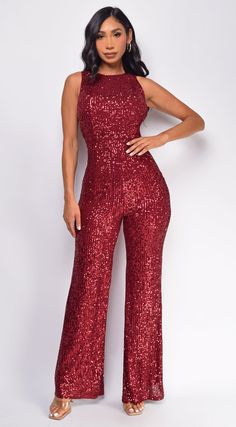 Sequin Jumpsuit Outfit Elegant, Sequin Jumpsuit Outfit, Red Sequin Jumpsuit, Crochet Mock Neck, Crochet Lace Sleeves, Jumpsuit Sequin, Crochet Jumpsuits, Black Bandage Dress, Bandage Jumpsuits