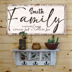 a sign that says smith family above a shelf with potted plants on it and two small pots