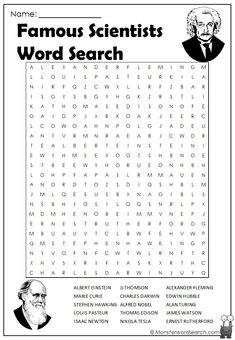 the famous scientist word search is shown in this printable worksheet for kids