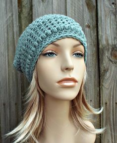 "Style: Textured, slouchy beanie for women. Color: This sample hat is shown in Seaspray. Sizes: One size fits average teen or adult head size of 20\" to 23\" (50.5 cm to 58 cm). Fiber Content: 80% acrylic, 20% Wool Characteristics: Very soft, warm and cozy. Care Instructions: Hand wash, dry flat. Every item from Pixiebell is handmade and knit or crocheted to order, unless otherwise stated in title of the item as \"ready to ship\". Production time may vary, please check the SHIPPING & POLICIE Cheap Crochet Beanie Hat For Vacation, Crochet Cat Beanie, Cap Crochet, Crochet Baby Bonnet, Crochet Hat For Women, Cat Beanie, Womens Hat, Lady Doll, Crochet Cap