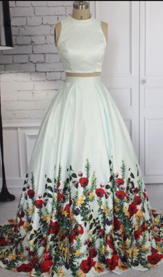 Green Satin Gown For Homecoming, Floral Print Satin Wedding Gown, Floral Satin Wedding Gown, White Satin Dress For Homecoming, Green Satin Dress With Floral Print, Green Floral Print Satin Dress, Floral Print Satin Wedding Dress, Spring Green Satin Gown, Jr Prom